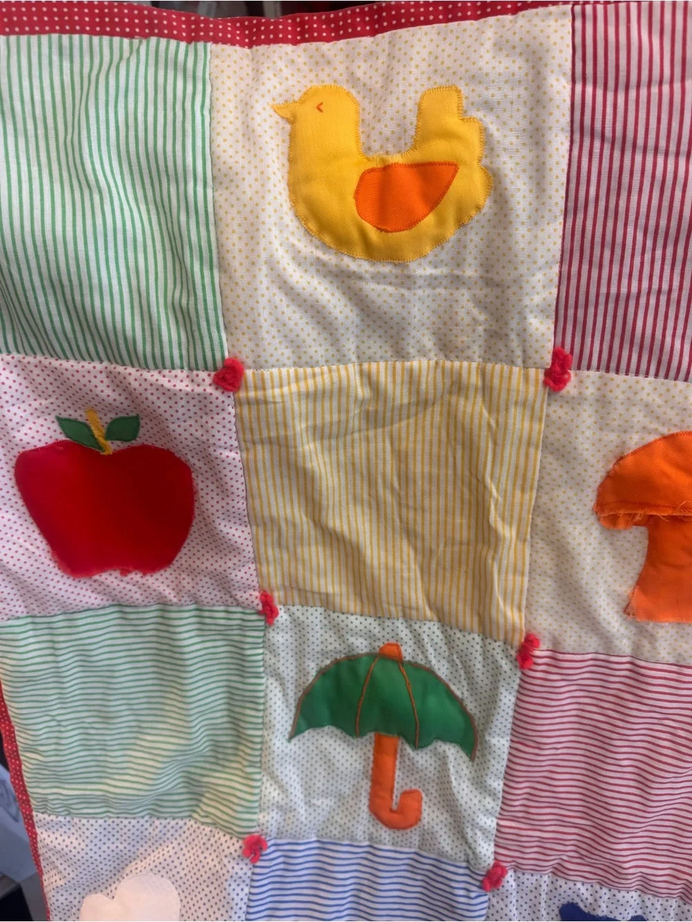 Children's Patchwork Appliqué Quilt - Red Trim, Multicolor Squares